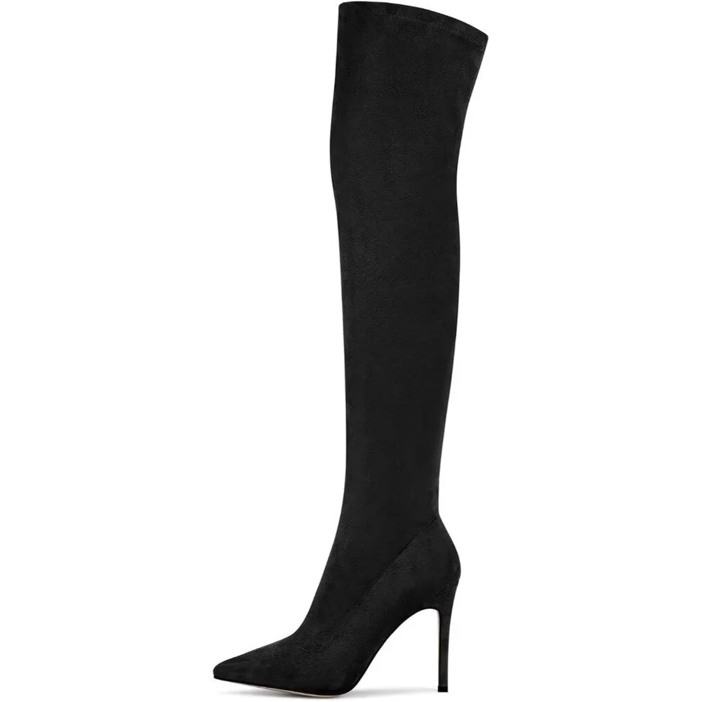 Women's Black Over the Knee Boots Suede High Heel Thigh High Boots Pointed - Picture 4 of 7